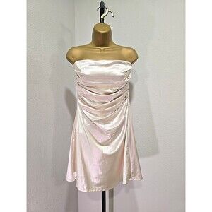 NWT Champagne Mini Dress Medium Satin Drape Cream Ruched Strapless Chic Cocktail